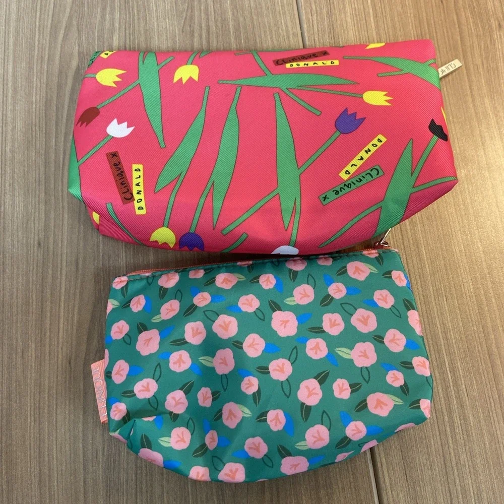 Lot of 2 Clinique x Donald Makeup Cosmetic Bag Zipper Pouch Floral Hot Pink - Picture 2 of 5